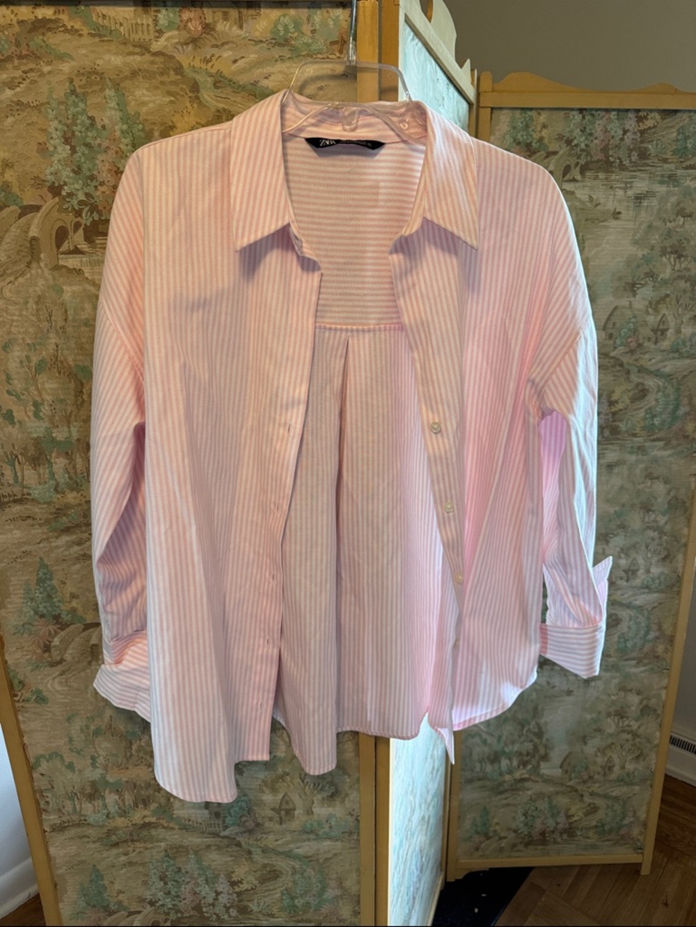 Zara Pink and White Striped Button-Up Blouse